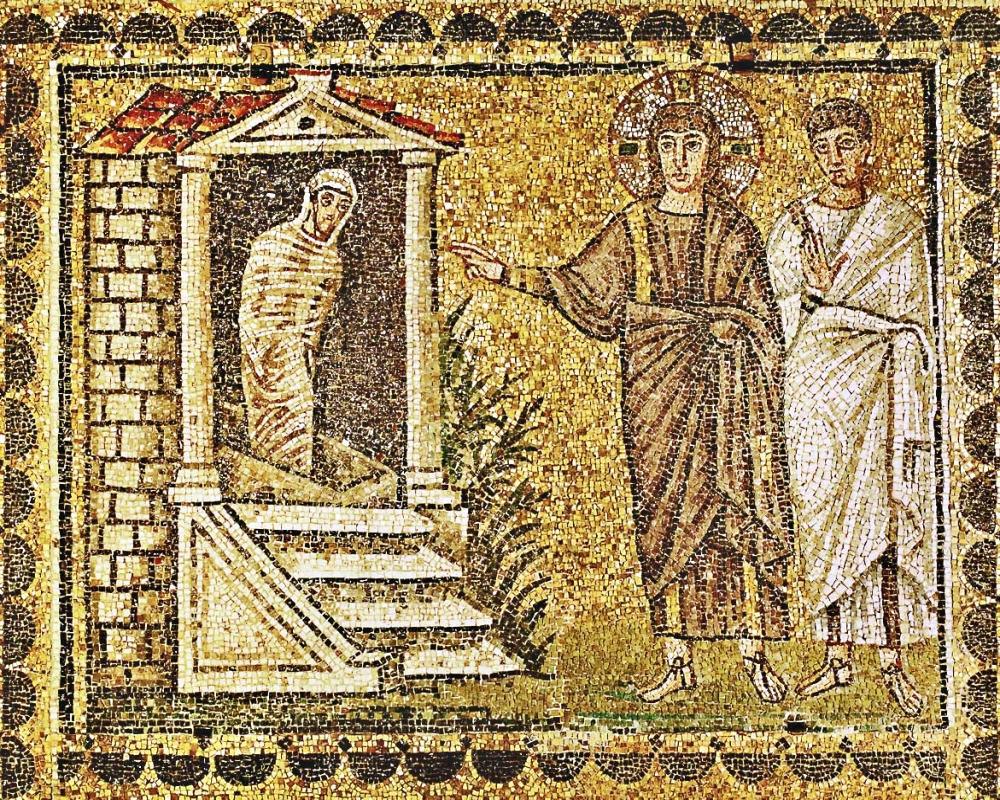 The raising of Lazarus from the dead, Jesus and an apostle. Mosaic (6th)
